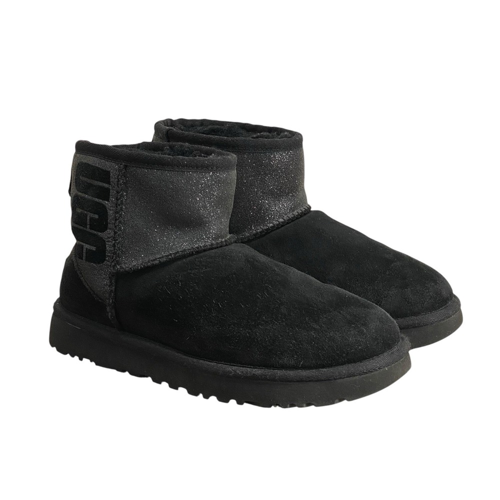 UGG Classic Mini UGG Sparkle Graphic Black Suede‎ Sheepskin Boots Women's Size 6